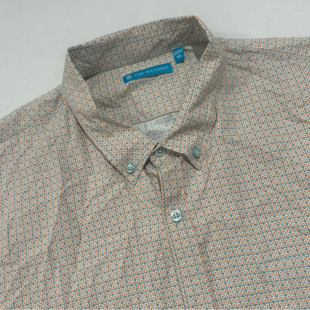 Tori Richard Men's XL Orange Gray Geometric Performance Stretch‎ Button Up Shirt